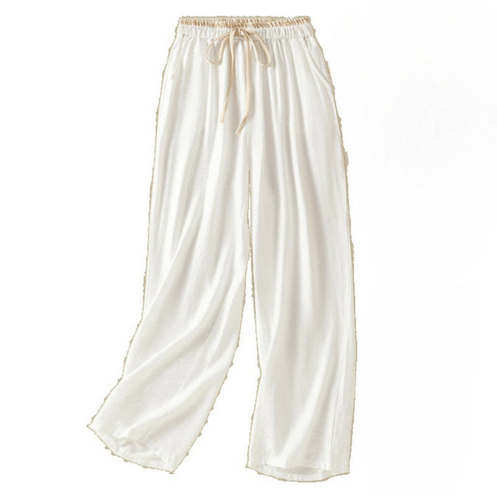 Pantaloni da donna in cotone e lino con coulisse, alla caviglia, stile casual vintage Buddha Stones, con tasche, in tinta unita