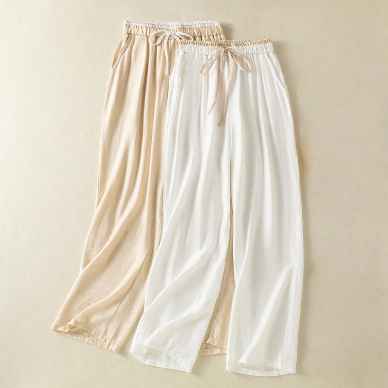 Pantaloni da donna in cotone e lino con coulisse, alla caviglia, stile casual vintage Buddha Stones, con tasche, in tinta unita