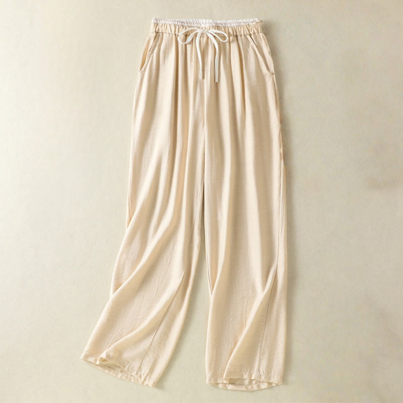 Pantaloni da donna in cotone e lino con coulisse, alla caviglia, stile casual vintage Buddha Stones, con tasche, in tinta unita