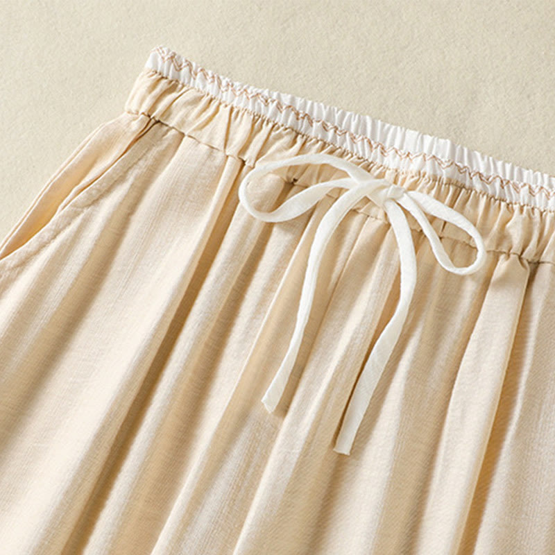 Pantaloni da donna in cotone e lino con coulisse, alla caviglia, stile casual vintage Buddha Stones, con tasche, in tinta unita