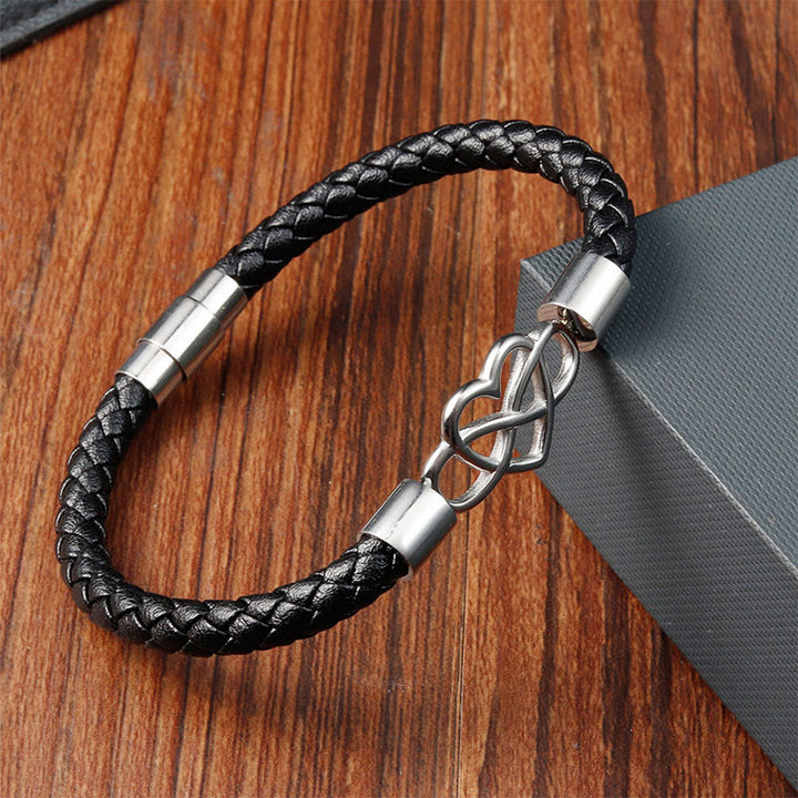 Bracciale Buddha Stones Endless Knot Heart in pelle, titanio e acciaio con fibbia di resistenza