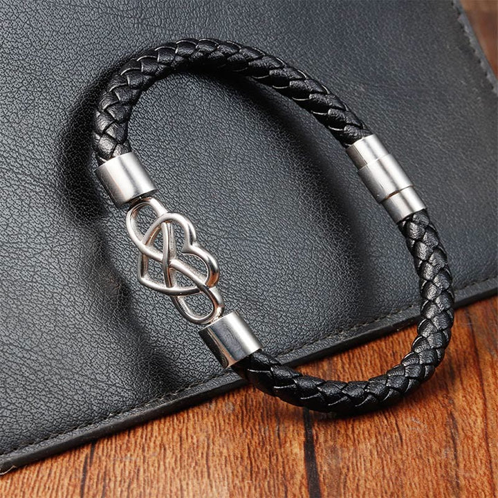 Bracciale Buddha Stones Endless Knot Heart in pelle, titanio e acciaio con fibbia di resistenza