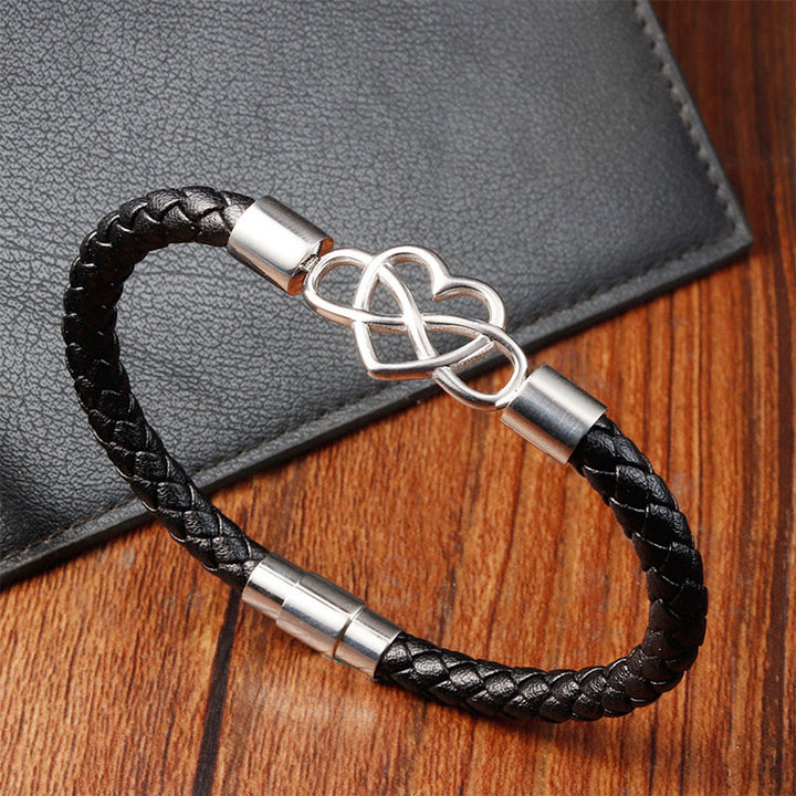 Bracciale Buddha Stones Endless Knot Heart in pelle, titanio e acciaio con fibbia di resistenza