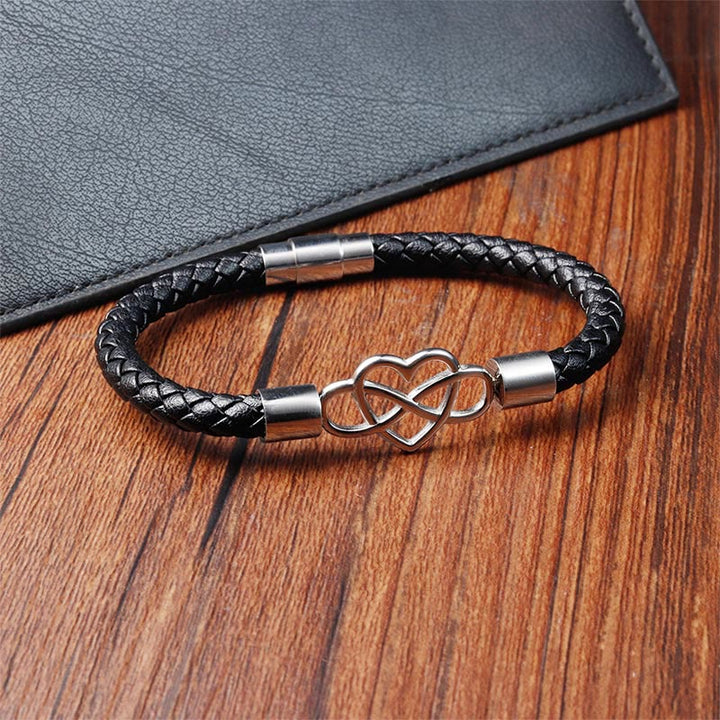 Bracciale Buddha Stones Endless Knot Heart in pelle, titanio e acciaio con fibbia di resistenza