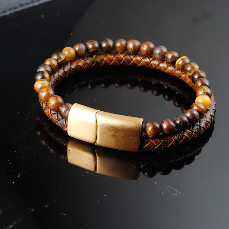 Bracciale con fibbia in acciaio al titanio e pelle con perline di pietra occhio di tigre intrecciate multistrato Buddha Stones