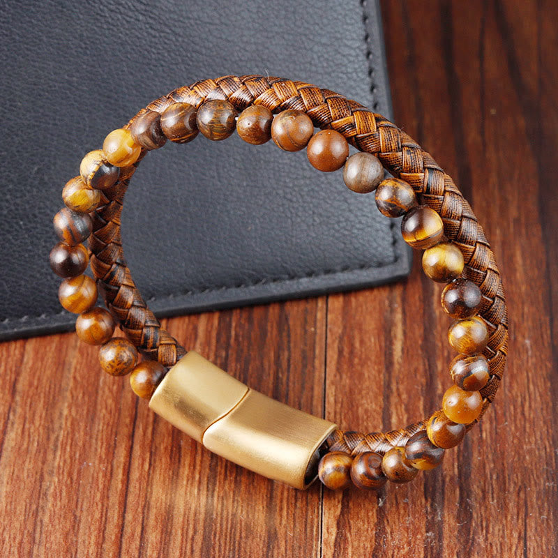 Bracciale con fibbia in acciaio al titanio e pelle con perline di pietra occhio di tigre intrecciate multistrato Buddha Stones