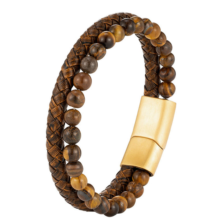 Bracciale con fibbia in acciaio al titanio e pelle con perline di pietra occhio di tigre intrecciate multistrato Buddha Stones