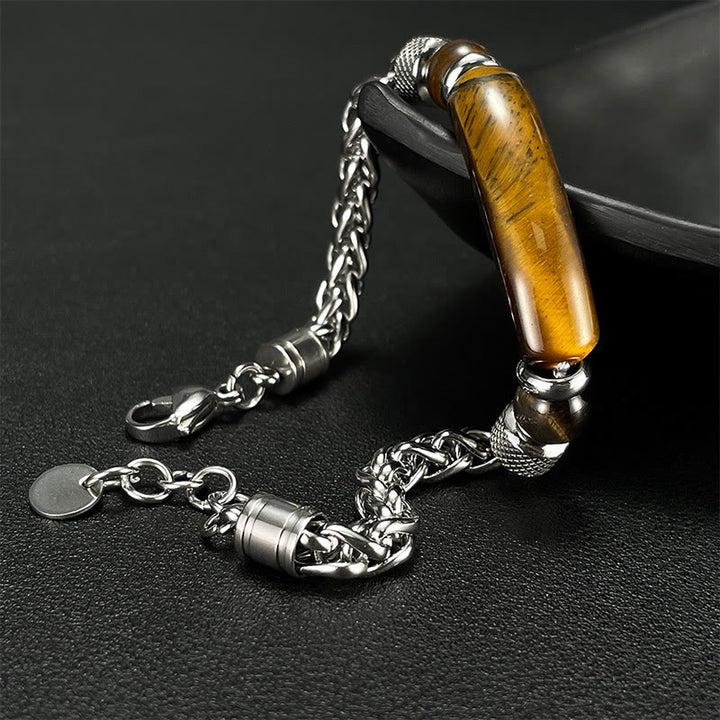 Bracciale con fibbia in acciaio al titanio e pietra di ossidiana nera con occhio di tigre Buddha Stones