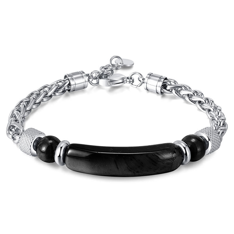 Bracciale con fibbia in acciaio al titanio e pietra di ossidiana nera con occhio di tigre Buddha Stones