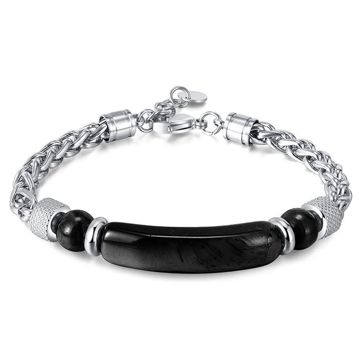Bracciale con fibbia in acciaio al titanio e pietra di ossidiana nera con occhio di tigre Buddha Stones