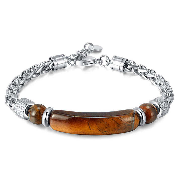 Bracciale con fibbia in acciaio al titanio e pietra di ossidiana nera con occhio di tigre Buddha Stones