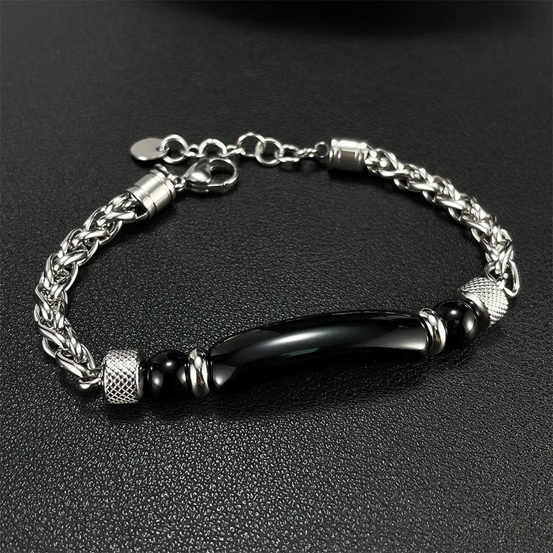 Bracciale con fibbia in acciaio al titanio e pietra di ossidiana nera con occhio di tigre Buddha Stones