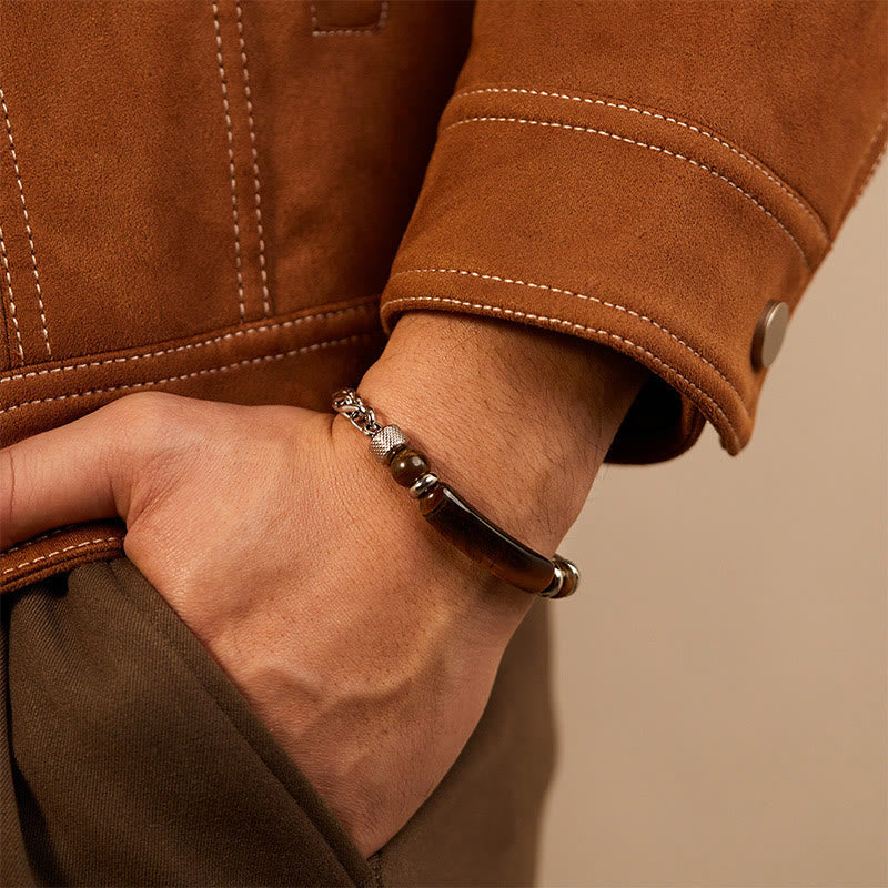 Bracciale con fibbia in acciaio al titanio e pietra di ossidiana nera con occhio di tigre Buddha Stones