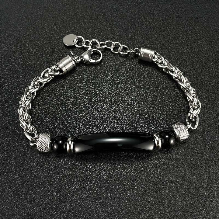 Bracciale con fibbia in acciaio al titanio e pietra di ossidiana nera con occhio di tigre Buddha Stones