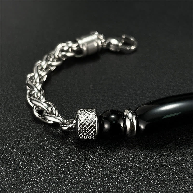 Bracciale con fibbia in acciaio al titanio e pietra di ossidiana nera con occhio di tigre Buddha Stones