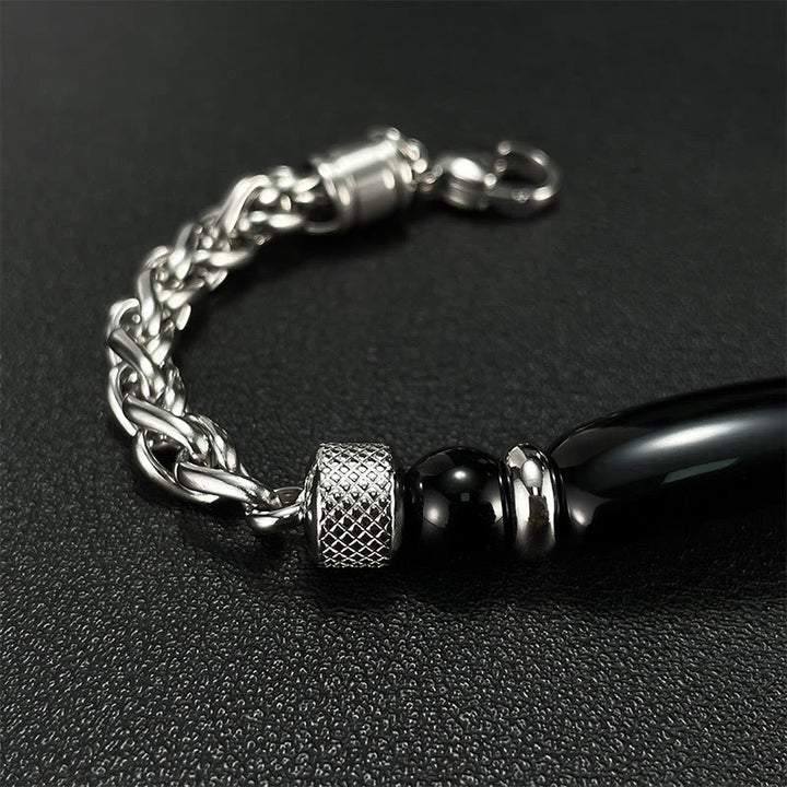 Bracciale con fibbia in acciaio al titanio e pietra di ossidiana nera con occhio di tigre Buddha Stones