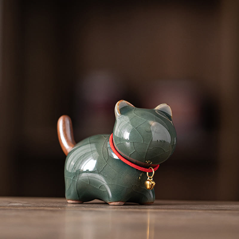 Statuetta decorativa in ceramica a forma di campanellino rosso a forma di gatto in piedi portafortuna Buddha Stones Mini - Verde (7,6*3,9*5,6 cm) - image 13