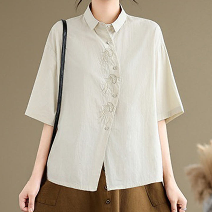 Camicia casual da donna in cotone con maniche corte, colletto alto, bottoni, motivo a meduse ricamato Buddha Stones