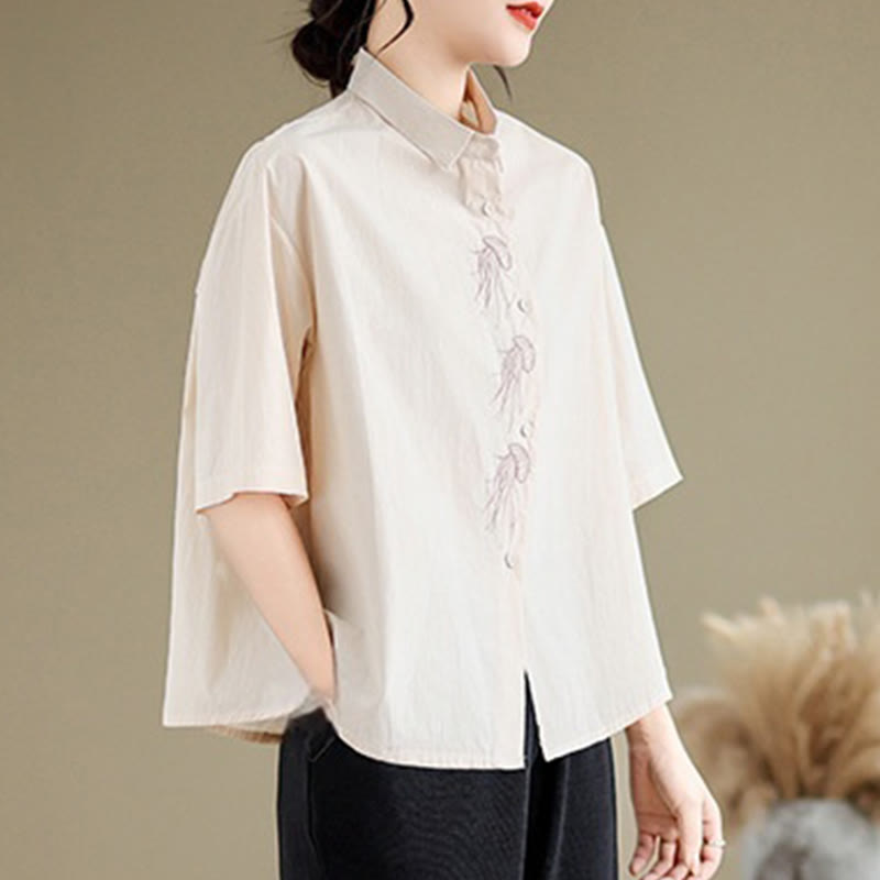 Camicia casual da donna in cotone con maniche corte, colletto alto, bottoni, motivo a meduse ricamato Buddha Stones
