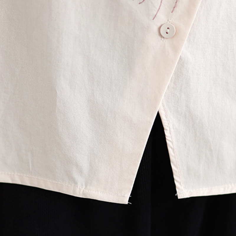 Camicia casual da donna in cotone con maniche corte, colletto alto, bottoni, motivo a meduse ricamato Buddha Stones - image 15