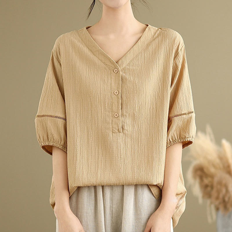 Camicia da donna in poliestere a maniche corte con scollo a V, casual e semplice, con bottoni , Buddha Stones
