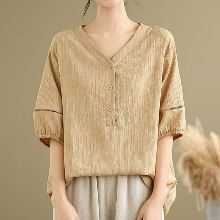 Camicia da donna in poliestere a maniche corte con scollo a V, casual e semplice, con bottoni , Buddha Stones