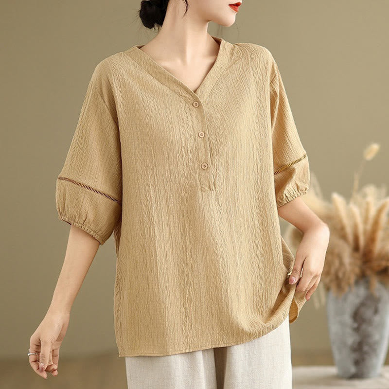 Camicia da donna in poliestere a maniche corte con scollo a V, casual e semplice, con bottoni , Buddha Stones