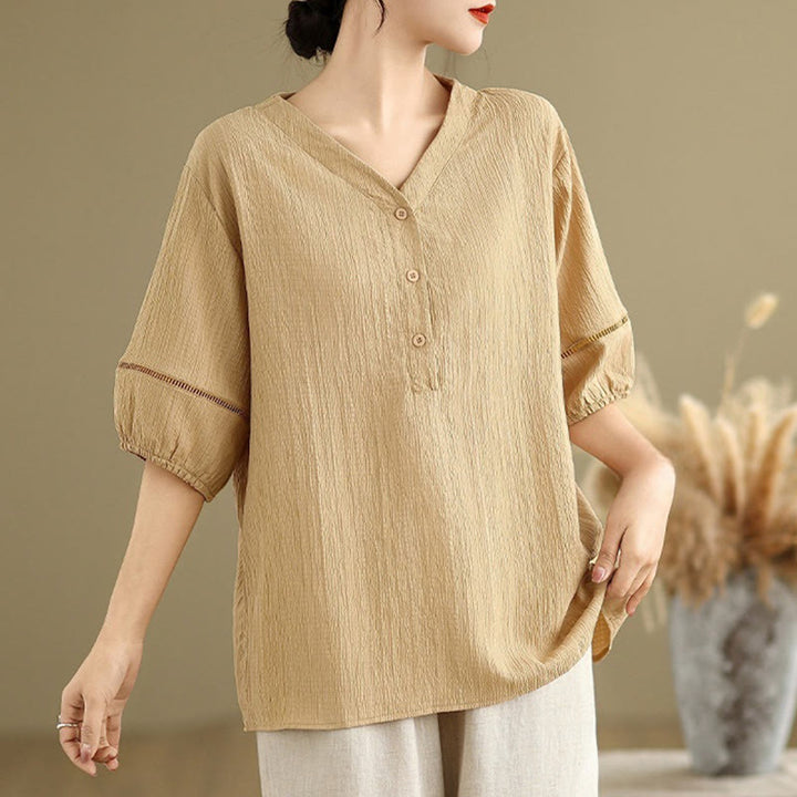Camicia da donna in poliestere a maniche corte con scollo a V, casual e semplice, con bottoni , Buddha Stones