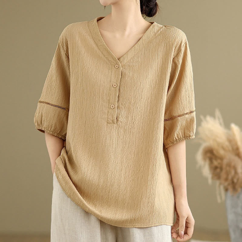 Camicia da donna in poliestere a maniche corte con scollo a V, casual e semplice, con bottoni , Buddha Stones - Grano - US8-10, UK/AU12-14, EU40-42 (2XL) - image 0