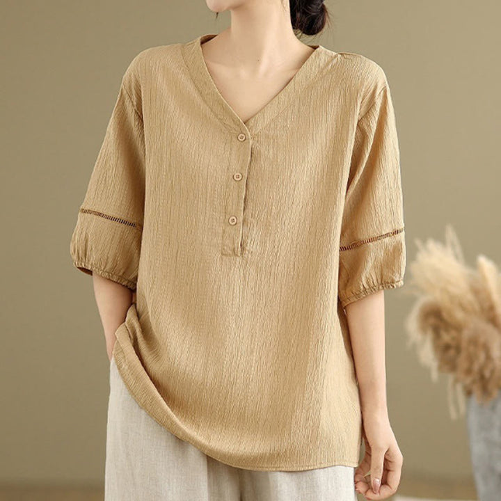 Camicia da donna in poliestere a maniche corte con scollo a V, casual e semplice, con bottoni , Buddha Stones - Grano - US8-10, UK/AU12-14, EU40-42 (2XL) - image 0