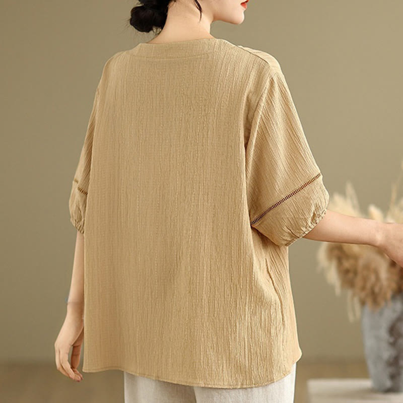 Camicia da donna in poliestere a maniche corte con scollo a V, casual e semplice, con bottoni , Buddha Stones - image 1