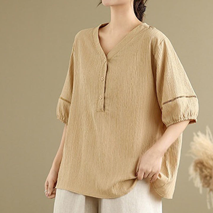 Camicia da donna in poliestere a maniche corte con scollo a V, casual e semplice, con bottoni , Buddha Stones