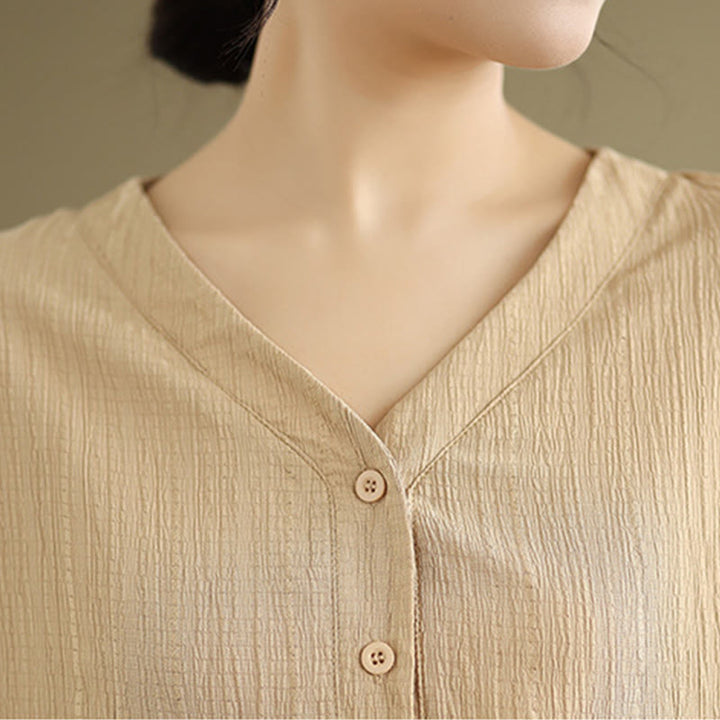 Camicia da donna in poliestere a maniche corte con scollo a V, casual e semplice, con bottoni , Buddha Stones