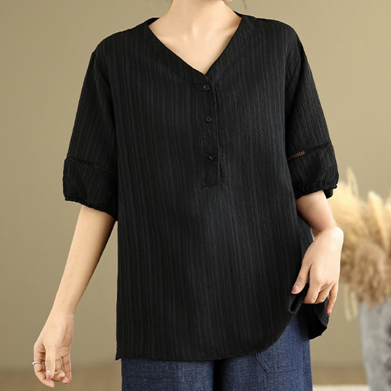 Camicia da donna in poliestere a maniche corte con scollo a V, casual e semplice, con bottoni , Buddha Stones