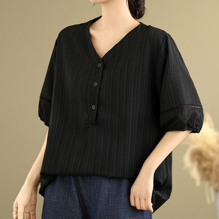 Camicia da donna in poliestere a maniche corte con scollo a V, casual e semplice, con bottoni , Buddha Stones