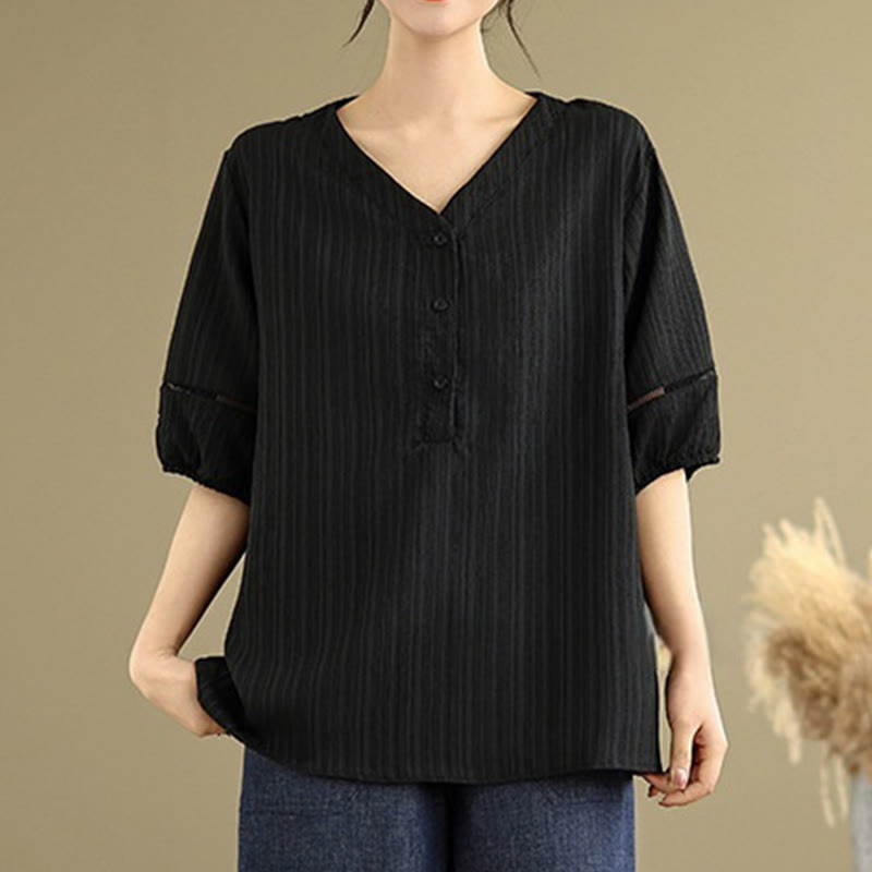 Camicia da donna in poliestere a maniche corte con scollo a V, casual e semplice, con bottoni , Buddha Stones - Nero - US8-10, UK/AU12-14, EU40-42 (2XL) - image 11