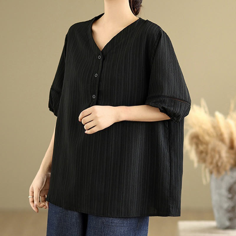 Camicia da donna in poliestere a maniche corte con scollo a V, casual e semplice, con bottoni , Buddha Stones
