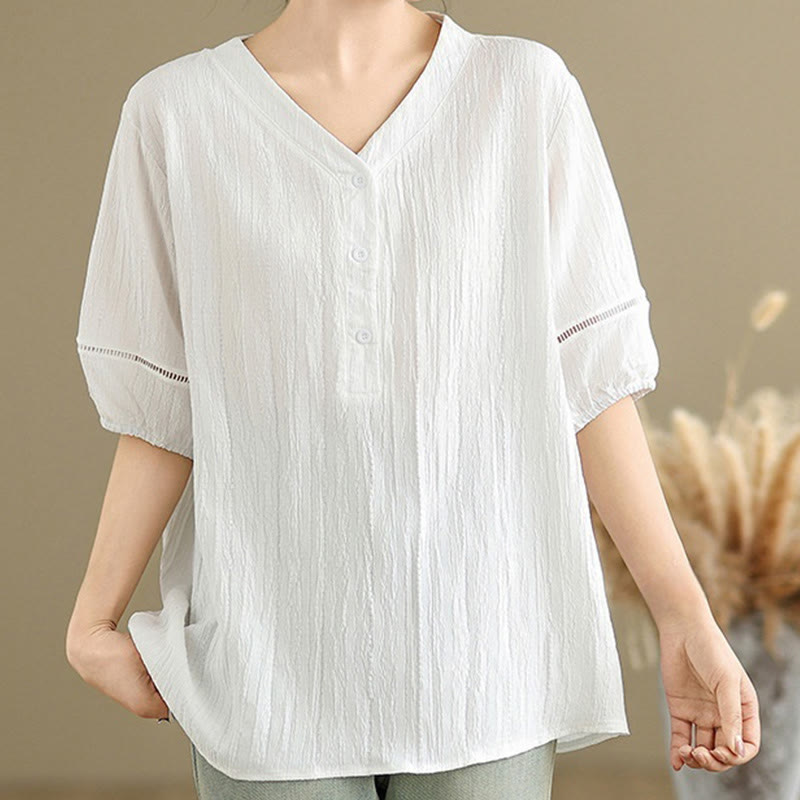 Camicia da donna in poliestere a maniche corte con scollo a V, casual e semplice, con bottoni , Buddha Stones