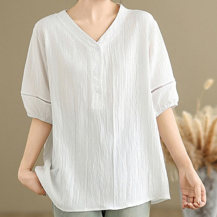 Camicia da donna in poliestere a maniche corte con scollo a V, casual e semplice, con bottoni , Buddha Stones