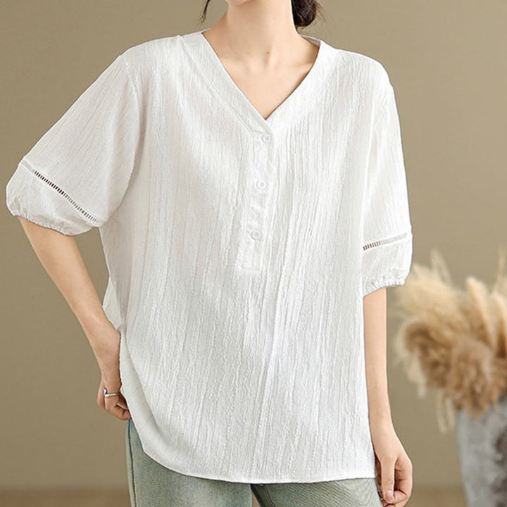 Camicia da donna in poliestere a maniche corte con scollo a V, casual e semplice, con bottoni , Buddha Stones