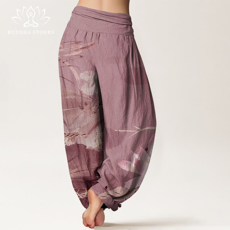 Pantaloni harem elastici in vita da donna con motivo a uccelli e foglie di loto rosa Buddha Stones - image 10