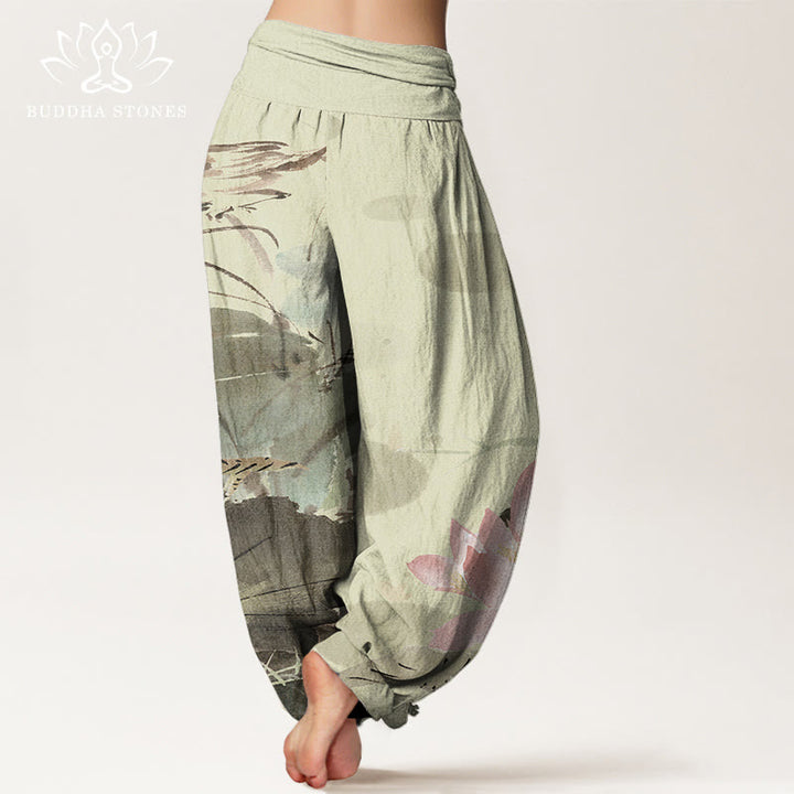 Pantaloni harem elastici in vita da donna con motivo a uccelli e foglie di loto rosa Buddha Stones - image 3