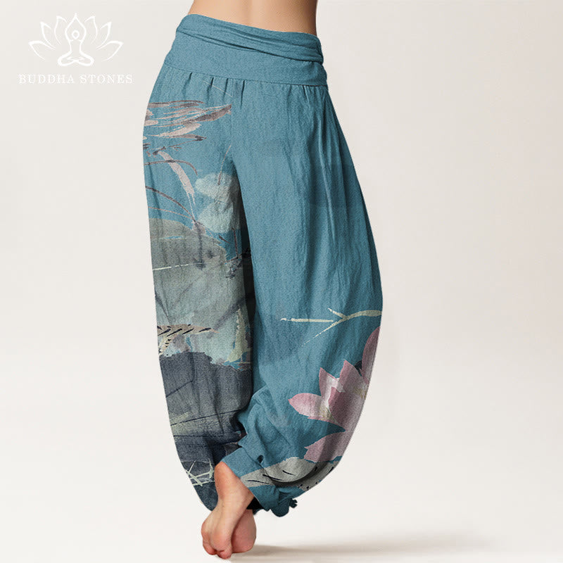 Pantaloni harem da donna con elastico in vita, in cotone, con foglie di loto rosa e motivo a uccelli, modello Buddha Stones - image 6