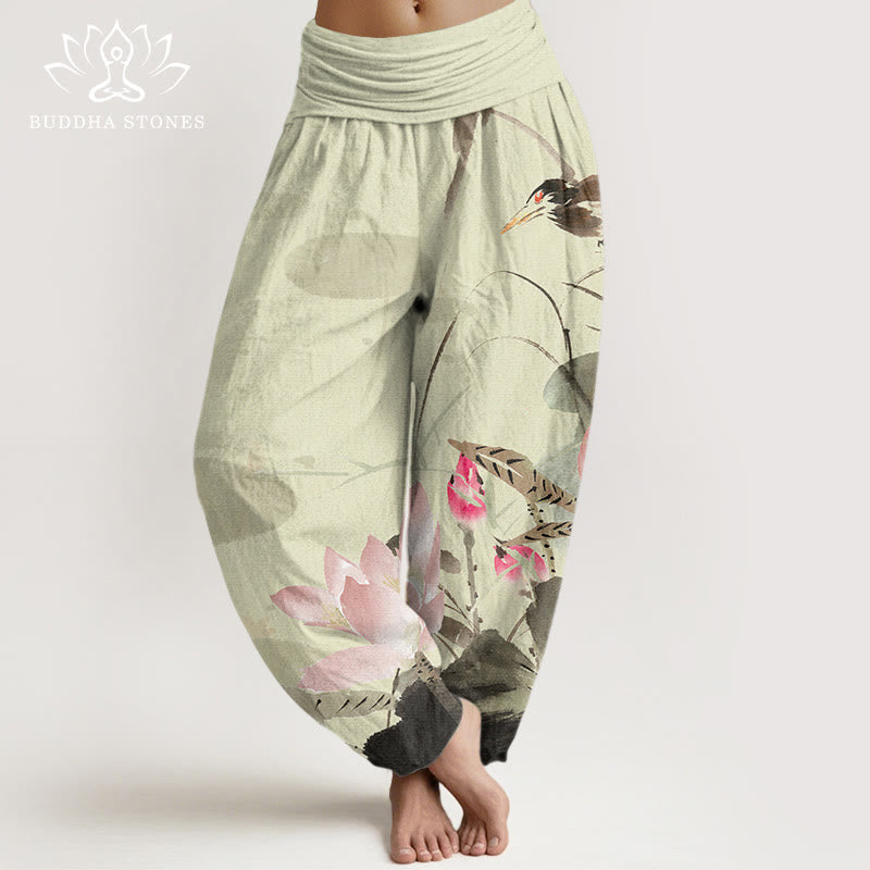Pantaloni harem elastici in vita da donna con motivo a uccelli e foglie di loto rosa Buddha Stones - Cachi - US22, UK/AU26, EU54 (6XL) - image 1
