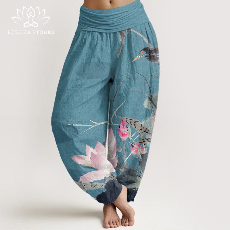 Pantaloni harem elastici in vita da donna con motivo a uccelli e foglie di loto rosa Buddha Stones - Turchese scuro - US22, UK/AU26, EU54 (6XL) - image 4