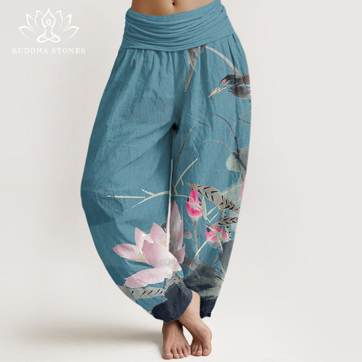 Pantaloni harem elastici in vita da donna con motivo a uccelli e foglie di loto rosa Buddha Stones - Turchese scuro - US22, UK/AU26, EU54 (6XL) - image 4