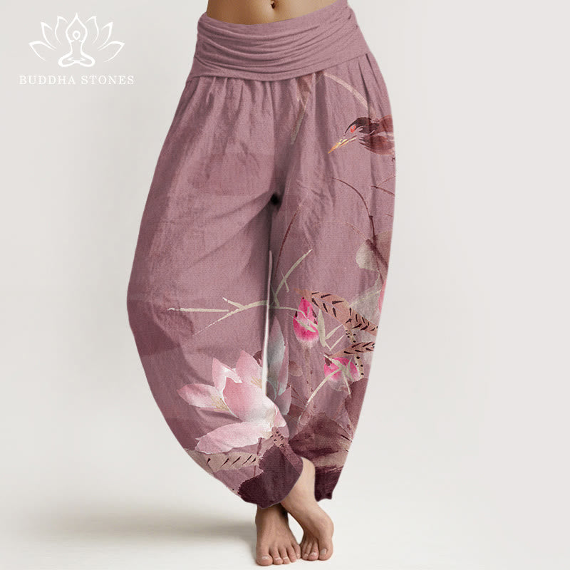 Pantaloni harem elastici in vita da donna con motivo a uccelli e foglie di loto rosa Buddha Stones - RossoViolaPale - US22, UK/AU26, EU54 (6XL) - image 8