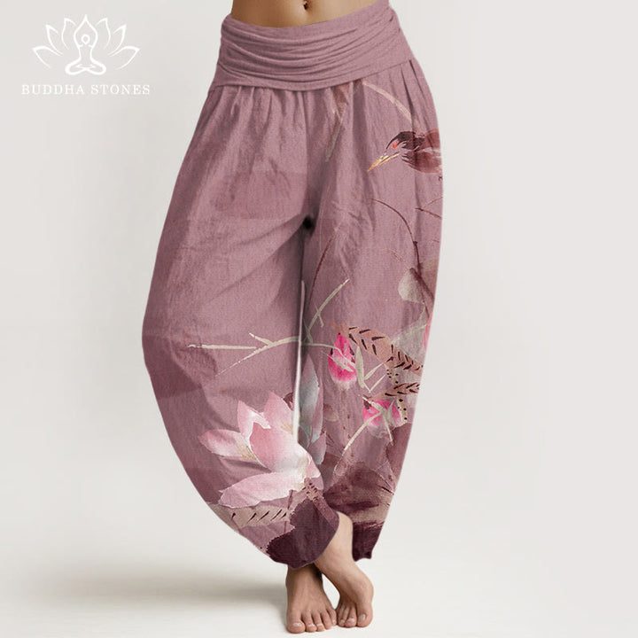 Pantaloni harem elastici in vita da donna con motivo a uccelli e foglie di loto rosa Buddha Stones - RossoViolaPale - US22, UK/AU26, EU54 (6XL) - image 8