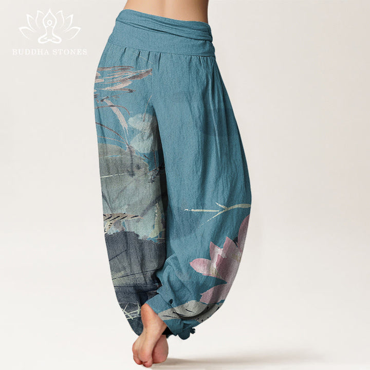 Pantaloni harem elastici in vita da donna con motivo a uccelli e foglie di loto rosa Buddha Stones - image 6