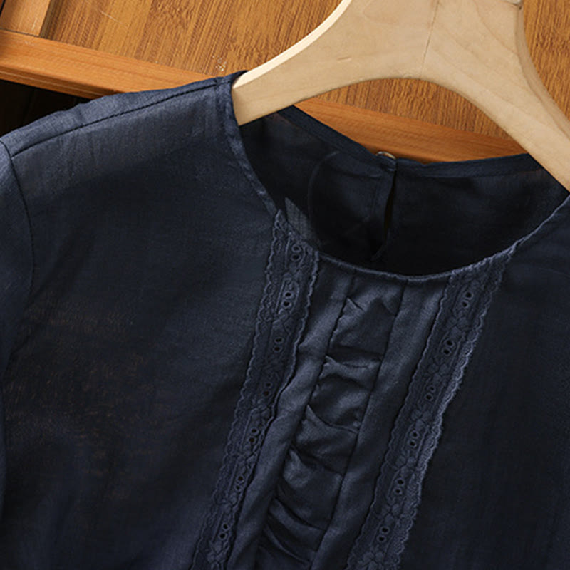 Camicia da donna in cotone e lino con maniche a tre quarti, casual, colore puro, con scollo a giro , Buddha Stones - image 4